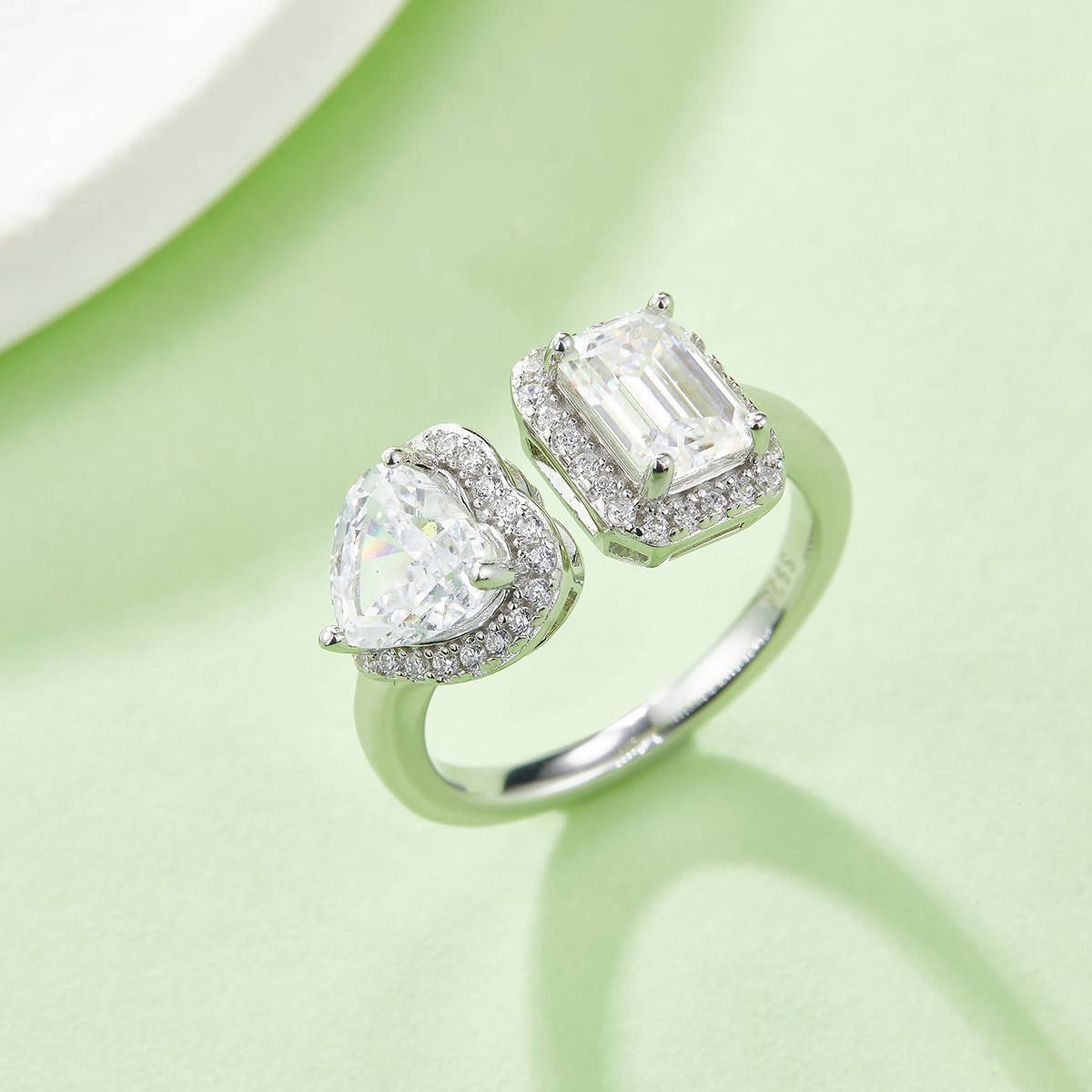 Heart Ice Flower Cut AND Rectangular Moissanite 925 Silver Plated Platinum Women's Ring 1 Carat D-Class